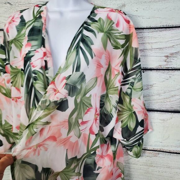 Women’s Floral Sheer Kimono Cardigan Size Small Open Front Tropical Print Chiffo - Picture 2 of 6